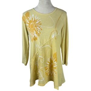 Jess & Jane Yellow Floral Tunic Top Shirt Made in USA Size Medium